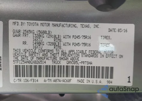 2016 Toyota Tacoma Sr V6 z USA, uszkodzony, nr VIN 5TFCZ5AN0GX026514